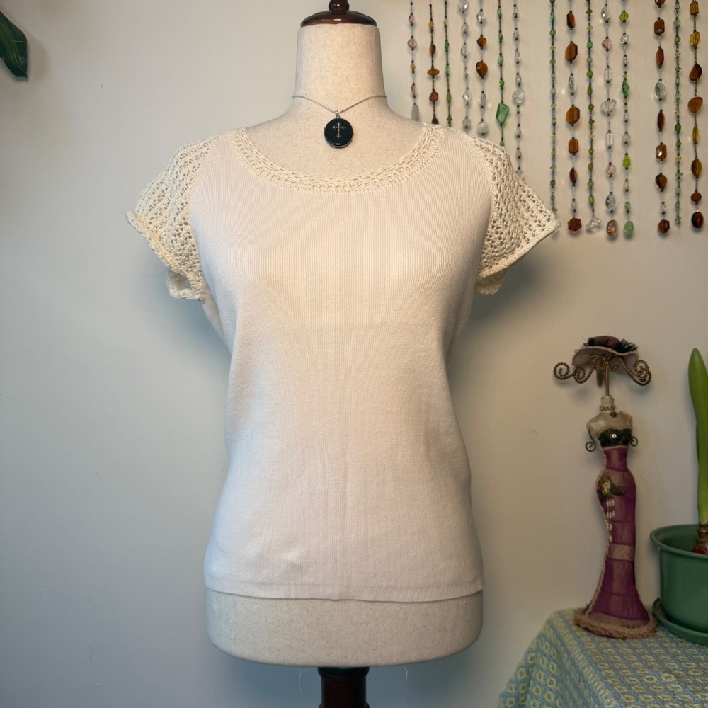 Charter Club Cream Crochet Knit Short Sleeve Top Cottagecore Coquette Small